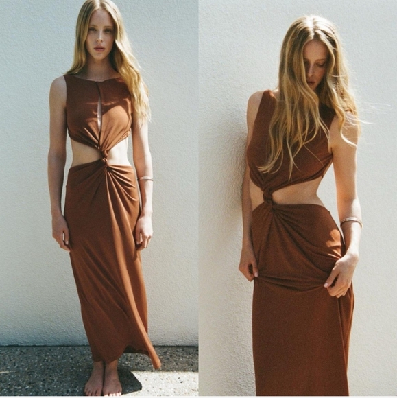 Zara Cut Out Maxi Dress Brown Size M - Picture 13 of 13